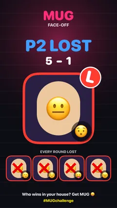 A MUG face-off card: P2 lost, five to one, every round lost.